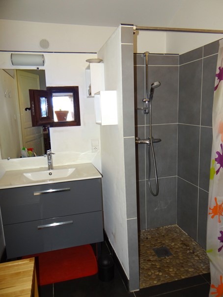 salle de bains avec douche et vasque